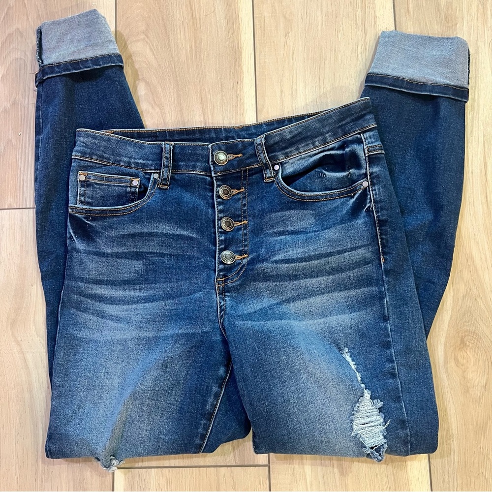 Grace & Lace Dark Blue Distressed Cuffed Skinny Jeans - Sz 10